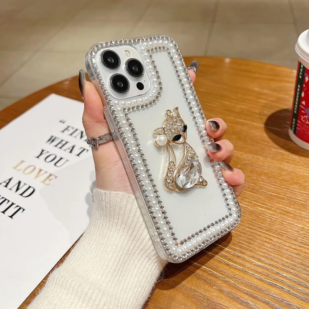 Cute Sparkling Pearl Kitty Cat Resin Phone Back Case with Crystal Rhinestone Border and Decorative Charm Bracelet