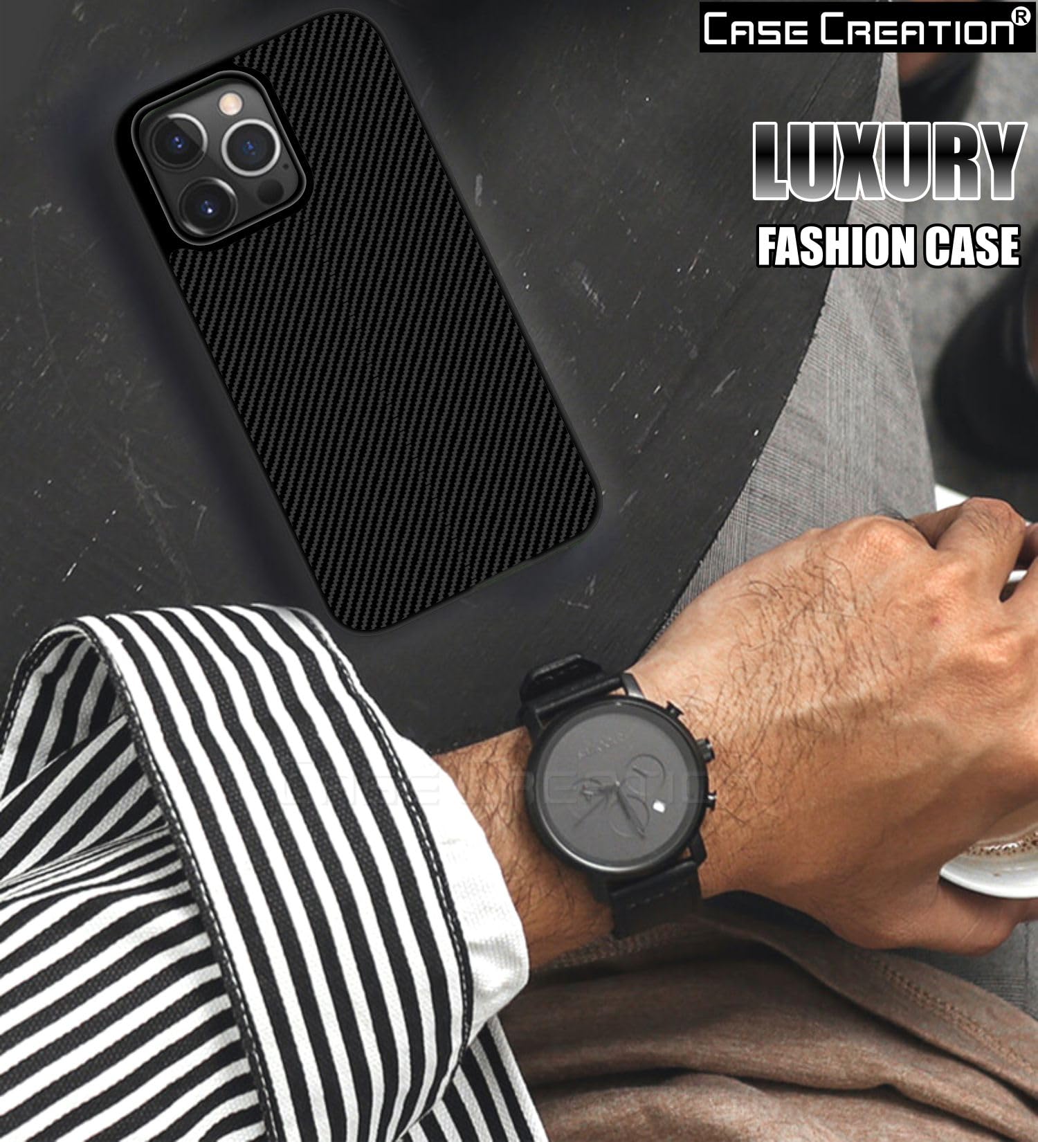 Carbon Fibre Texture Hard Leather Case Military Grade Drop Protection Rugged Armour Back Case - Black