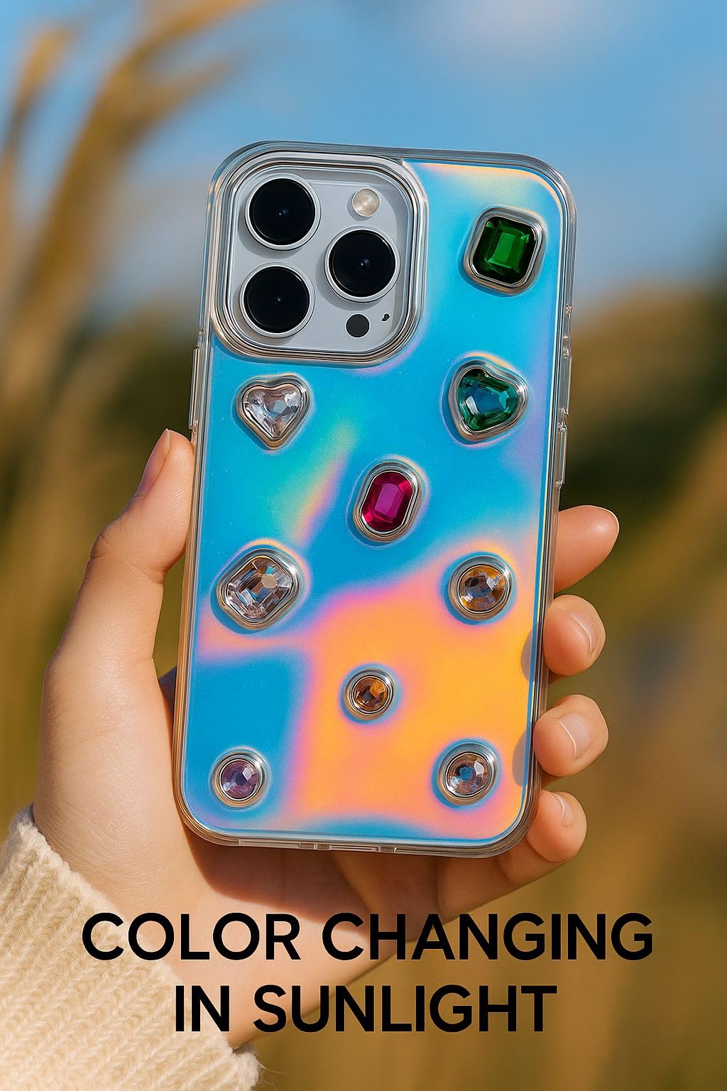 Iridescent Holographic Color Changing 3D Heart stones embossed Diamond Look Reflective Aesthetic case (Green)