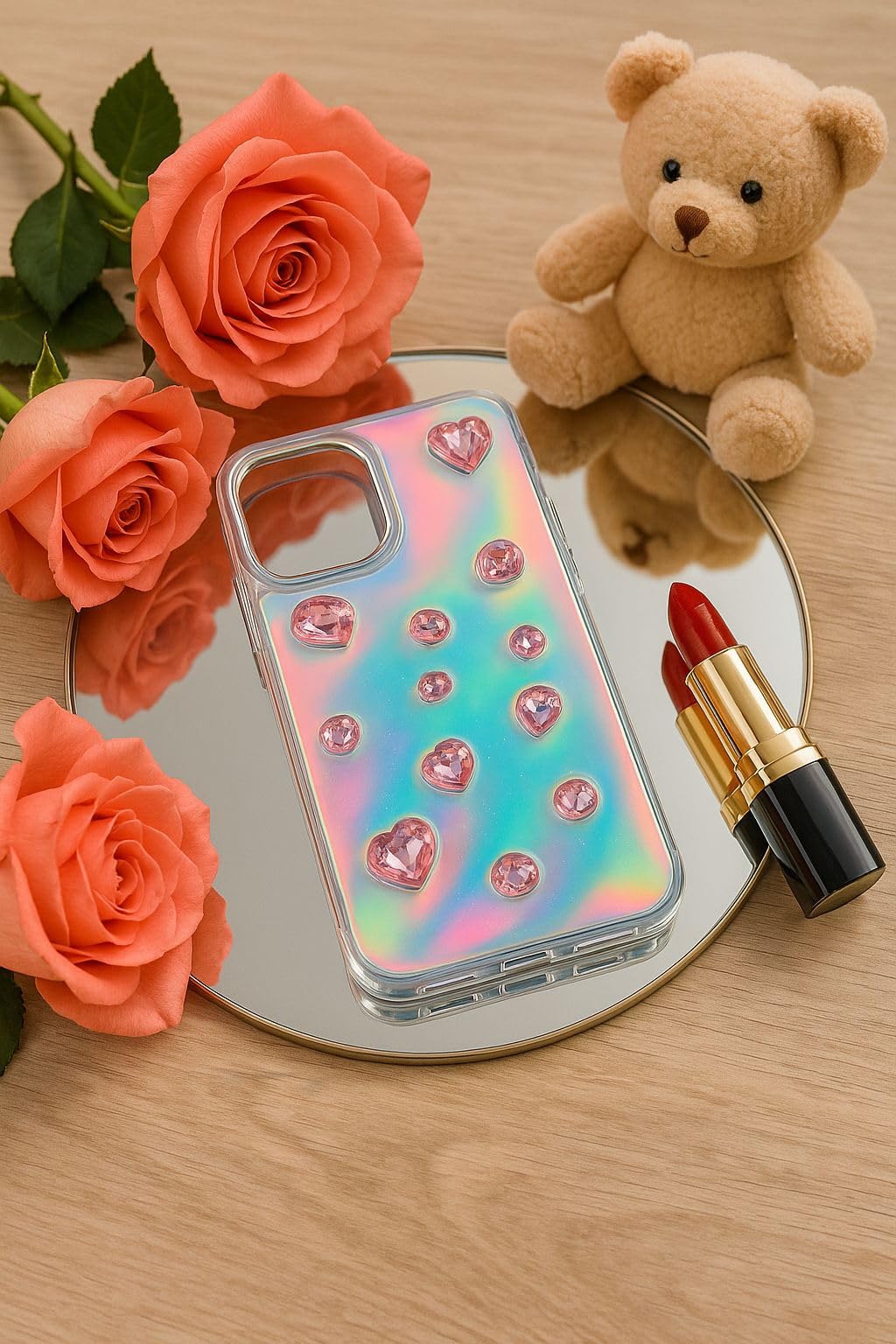 Iridescent Holographic Color Changing 3D Heart stones embossed Diamond Look Reflective Aesthetic case (Clear Pink)