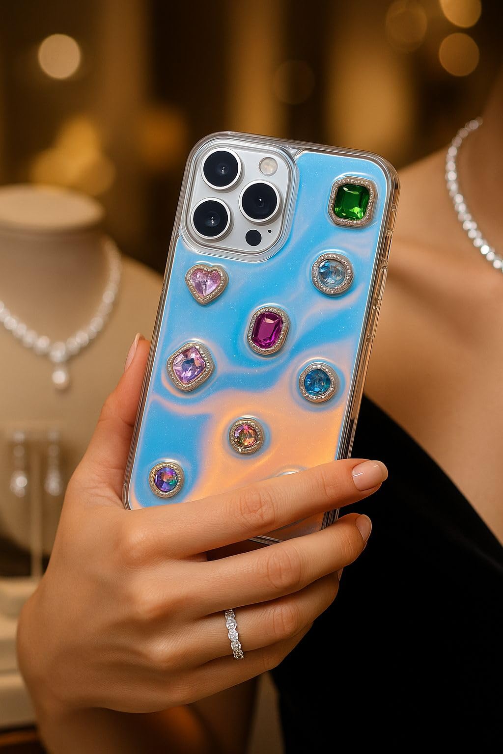 Iridescent Holographic Color Changing 3D Heart stones embossed Diamond Look Reflective Aesthetic case (Green)