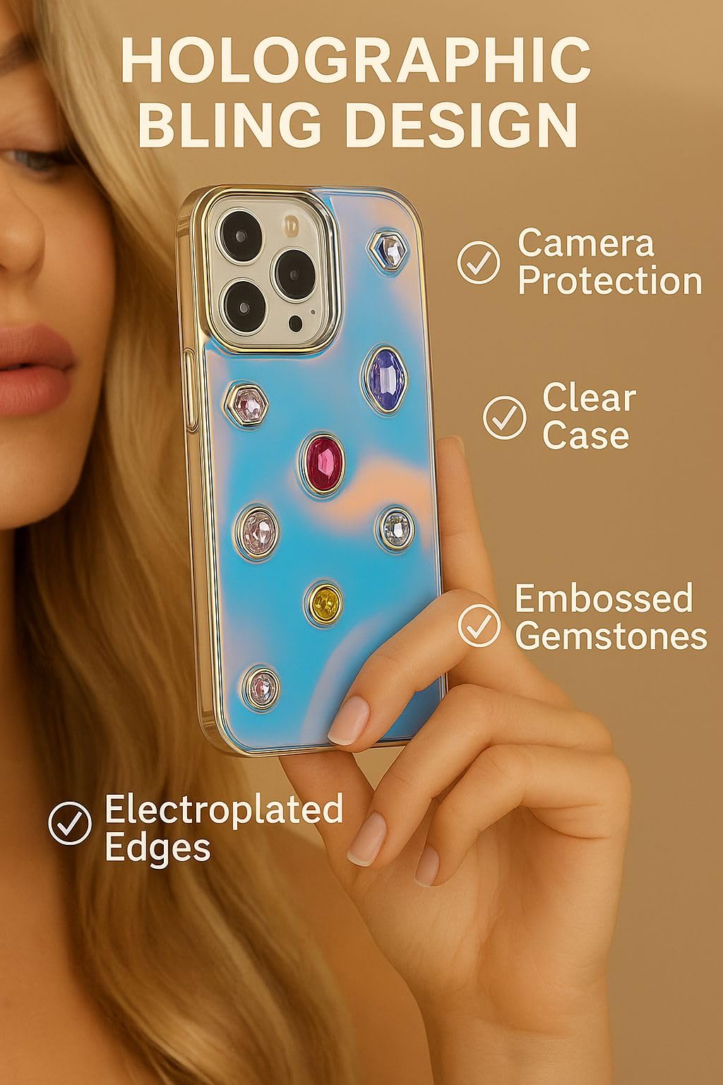 Iridescent Holographic Color Changing 3D Heart stones embossed Diamond Look Reflective Aesthetic case (Blue)