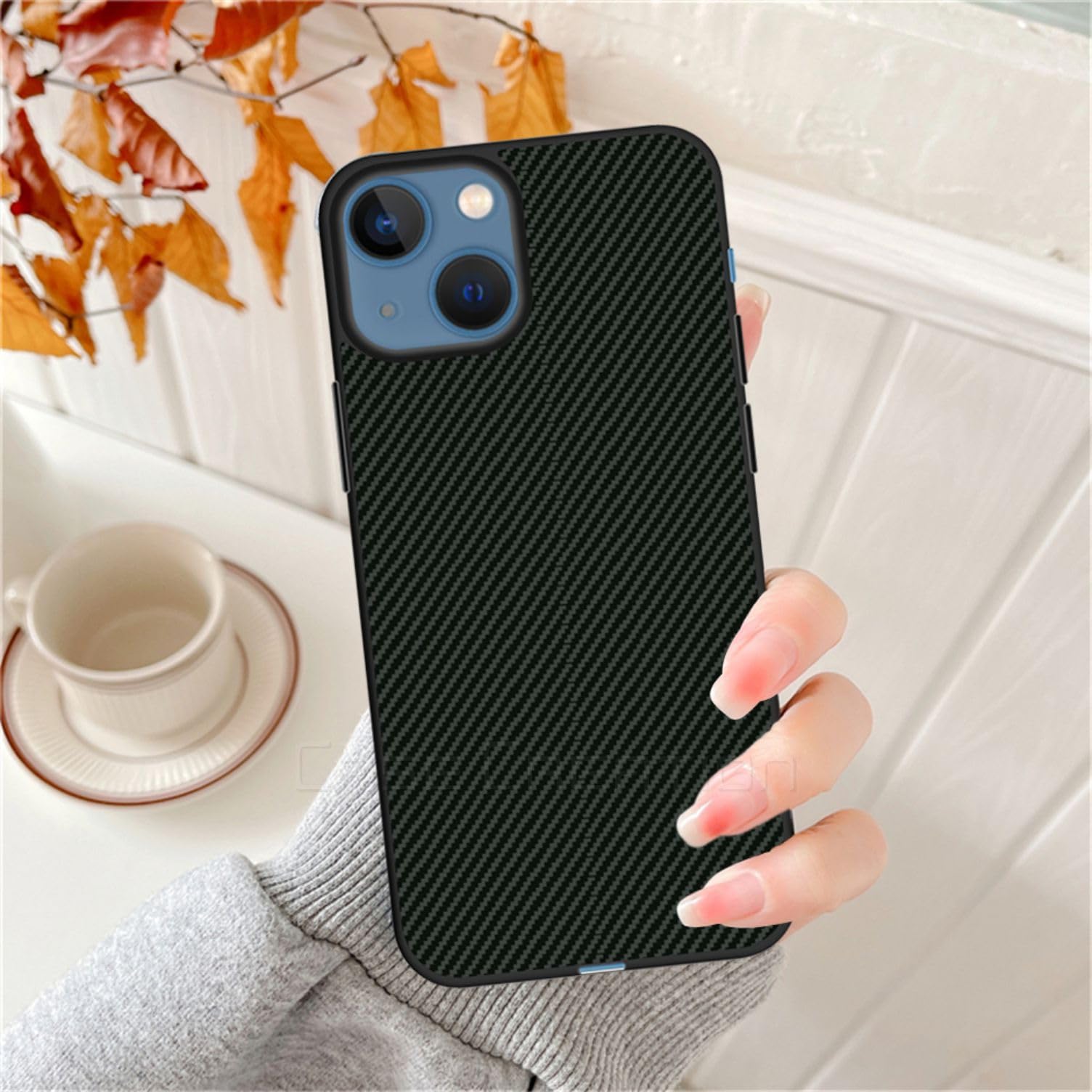 Carbon Fibre Texture Hard Leather Case Military Grade Drop Protection Rugged Armour Back Case - Olive Green