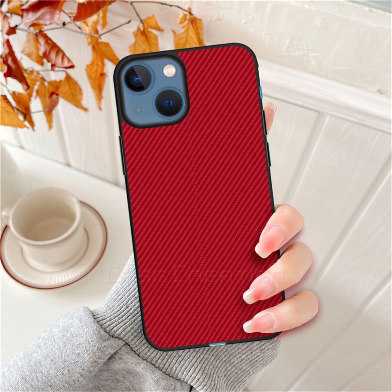 Carbon Fibre Texture Hard Leather Case Military Grade Drop Protection Rugged Armour Back Case - Red