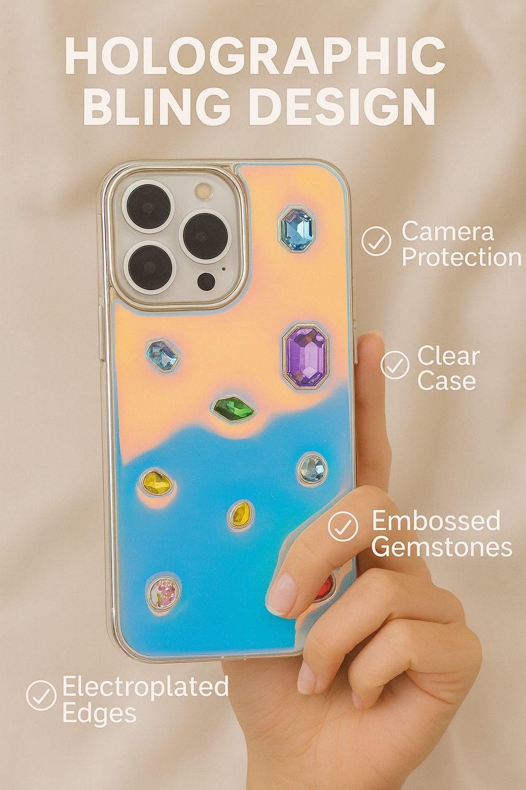 Iridescent Holographic Color Changing 3D Heart stones embossed Diamond Look Reflective Aesthetic case (Blue)