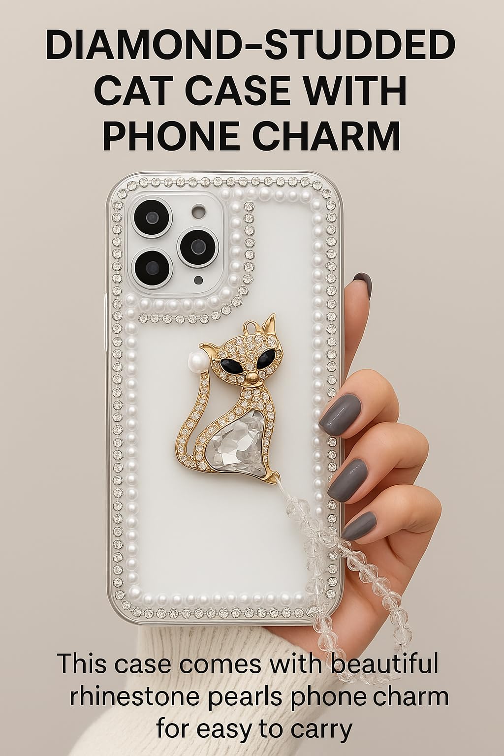 Cute Sparkling Pearl Kitty Cat Resin Phone Back Case with Crystal Rhinestone Border and Decorative Charm Bracelet