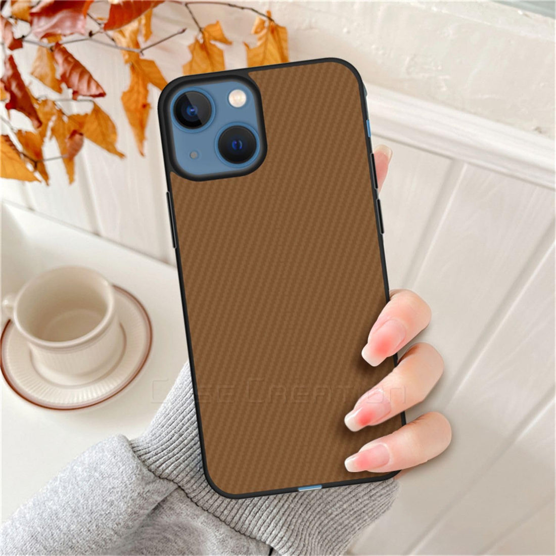 Carbon Fibre Texture Hard Leather Case Military Grade Drop Protection Rugged Armour Back Case - Brown