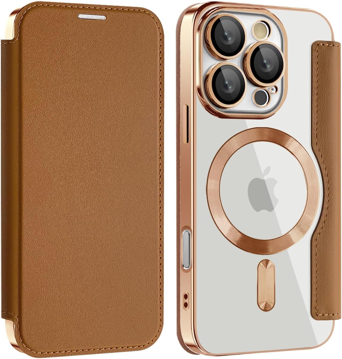 Magnetic Flip Case with RFID Card Slot, MagSafe Leather Wallet Cover with Camera Lens Protection, Shockproof TPU Luxe Case - Brown