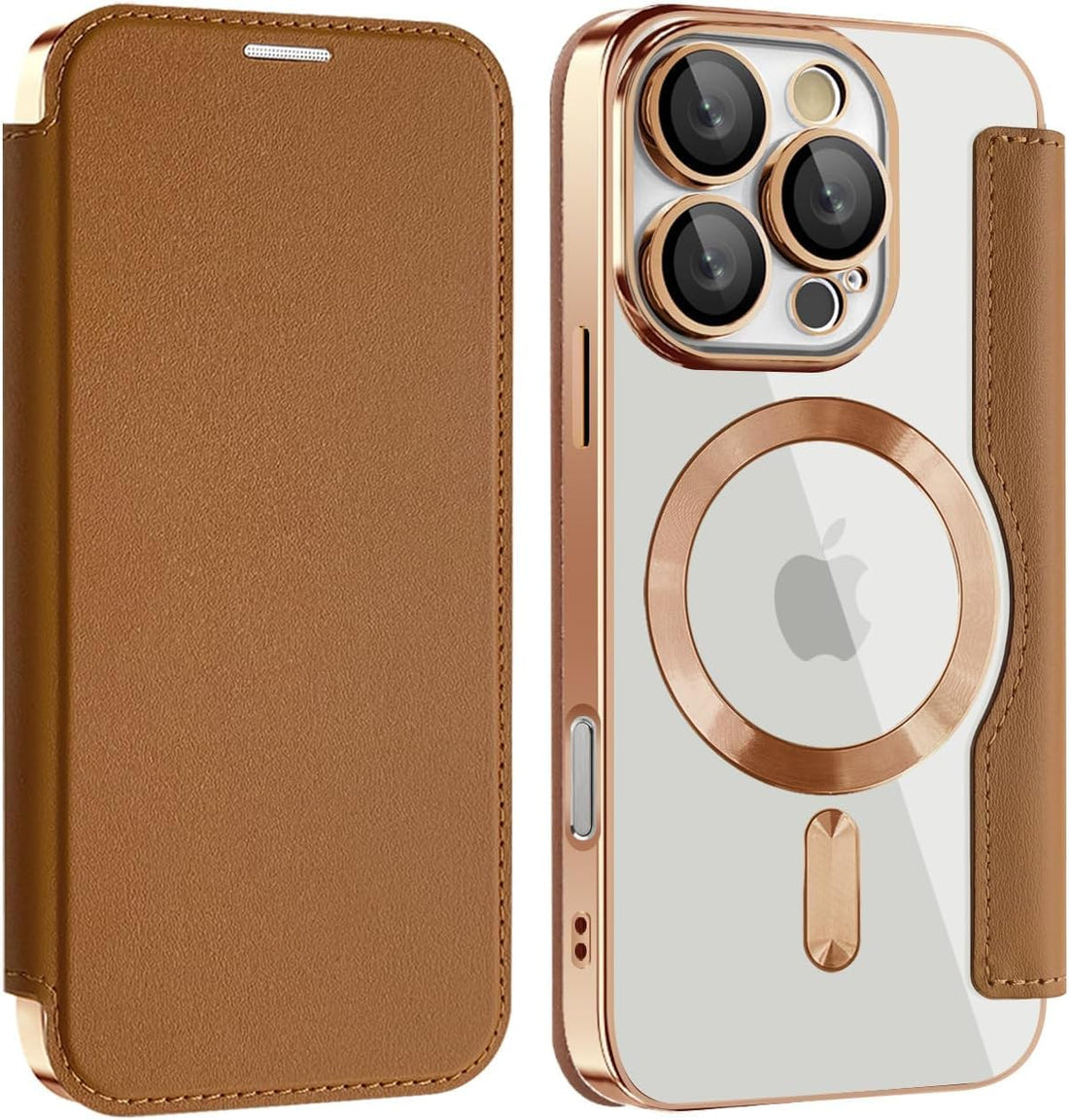 Magnetic Flip Case with RFID Card Slot, MagSafe Leather Wallet Cover with Camera Lens Protection, Shockproof TPU Luxe Case - Brown
