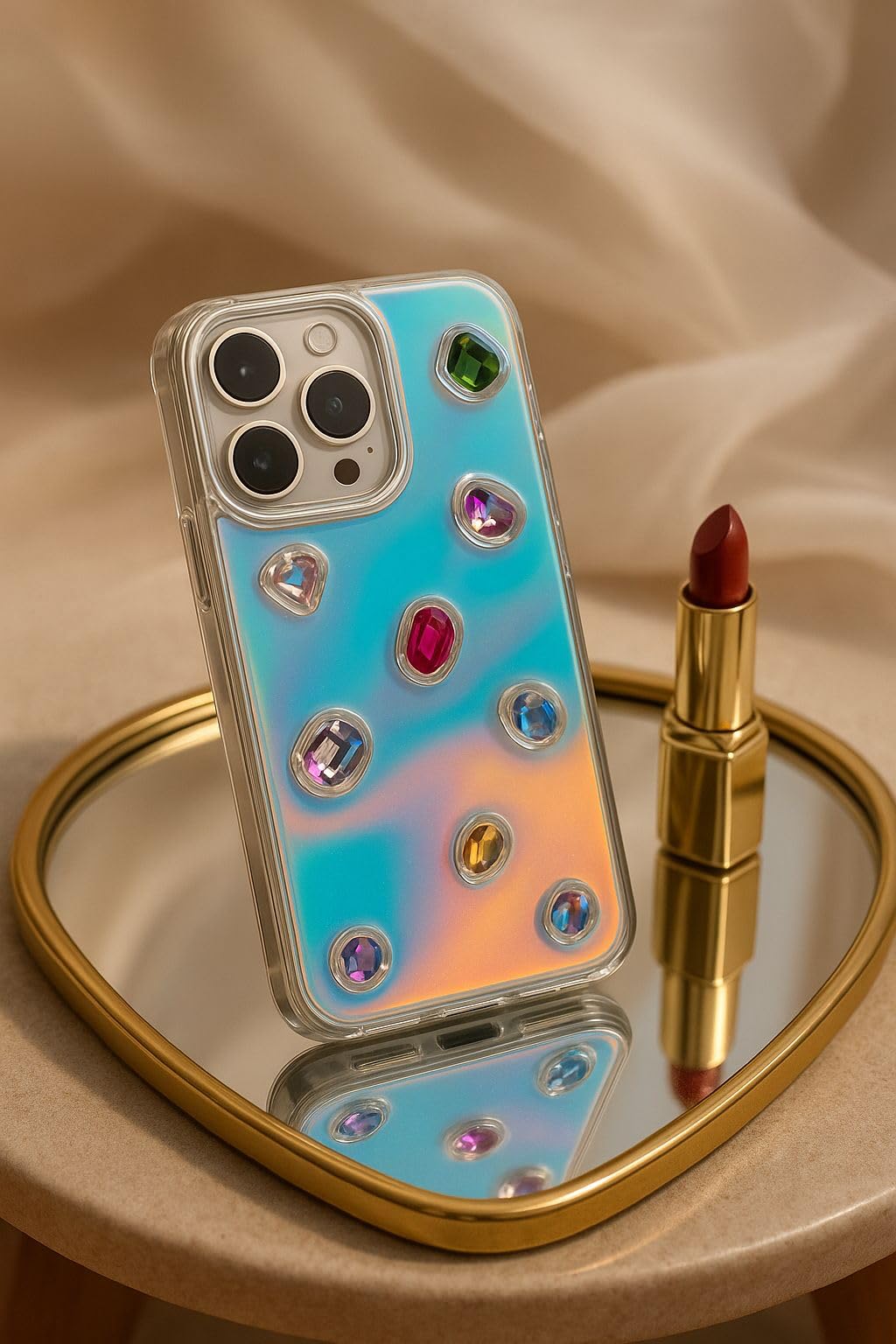 Iridescent Holographic Color Changing 3D Heart stones embossed Diamond Look Reflective Aesthetic case (Green)
