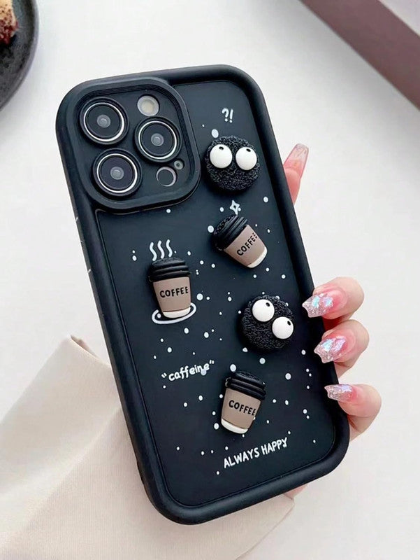Luxury Cute Fun Cartoon Characters 3D Ball Coffee Cookies Lovers Silicone Case | Happy Black