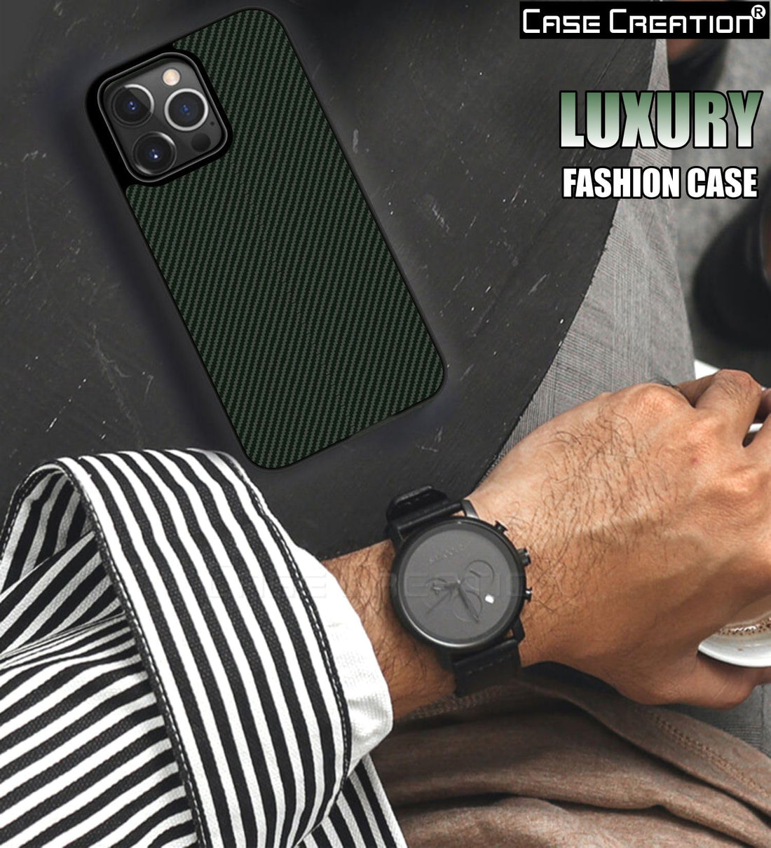 Carbon Fibre Texture Hard Leather Case Military Grade Drop Protection Rugged Armour Back Case - Olive Green