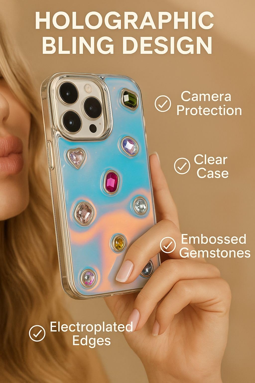 Iridescent Holographic Color Changing 3D Heart stones embossed Diamond Look Reflective Aesthetic case (Green)