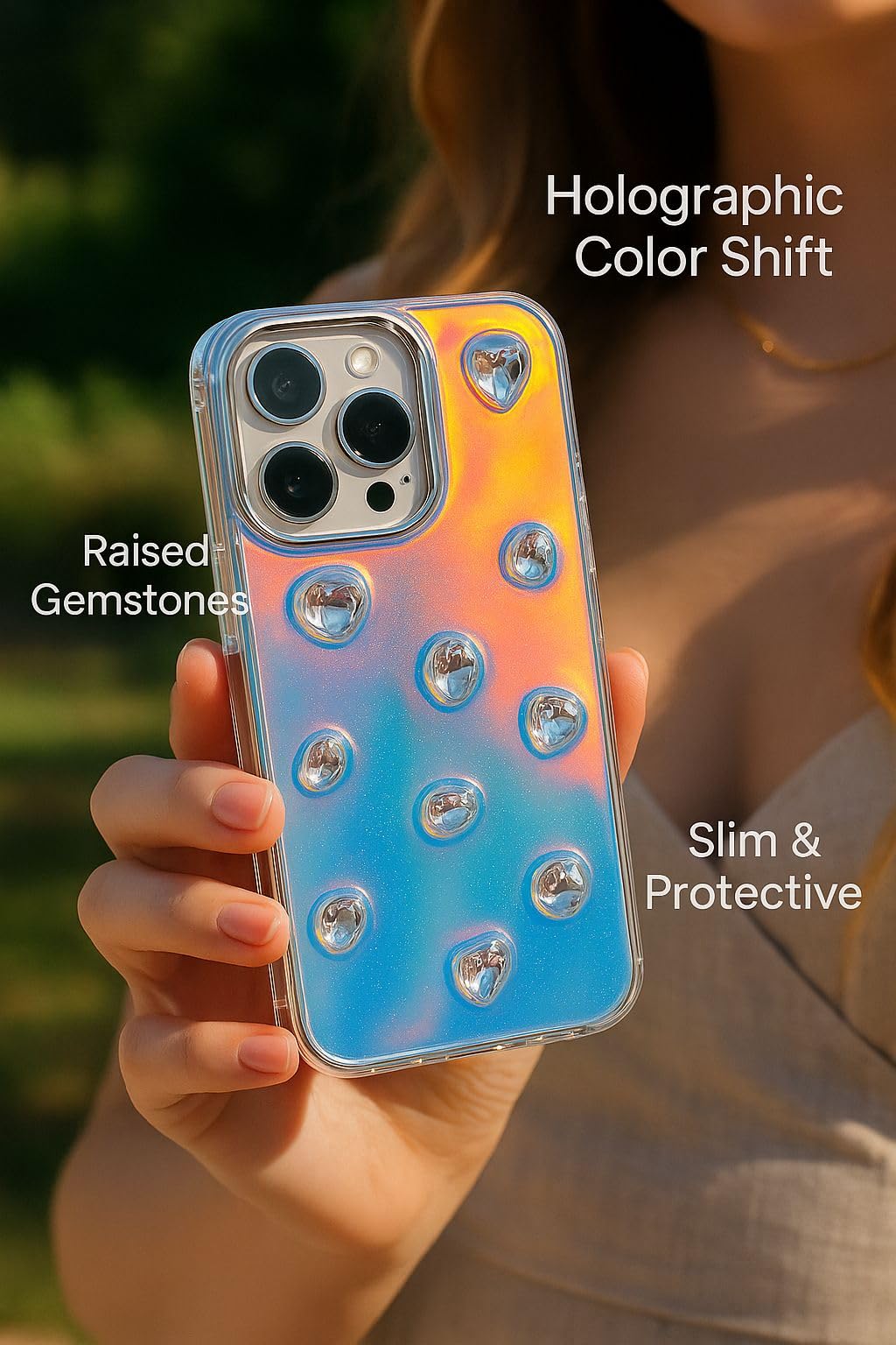Iridescent Holographic Color Changing 3D Heart stones embossed Diamond Look Reflective Aesthetic case (Clear White)
