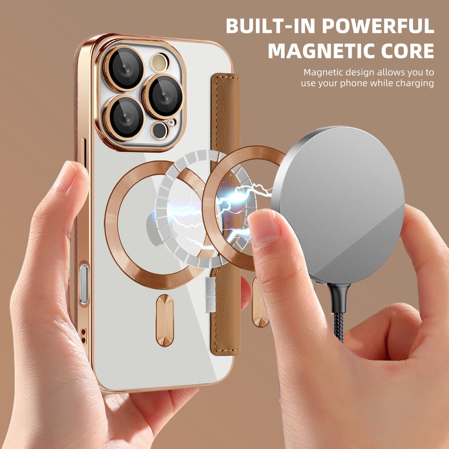 Magnetic Flip Case with RFID Card Slot, MagSafe Leather Wallet Cover with Camera Lens Protection, Shockproof TPU Luxe Case - Brown