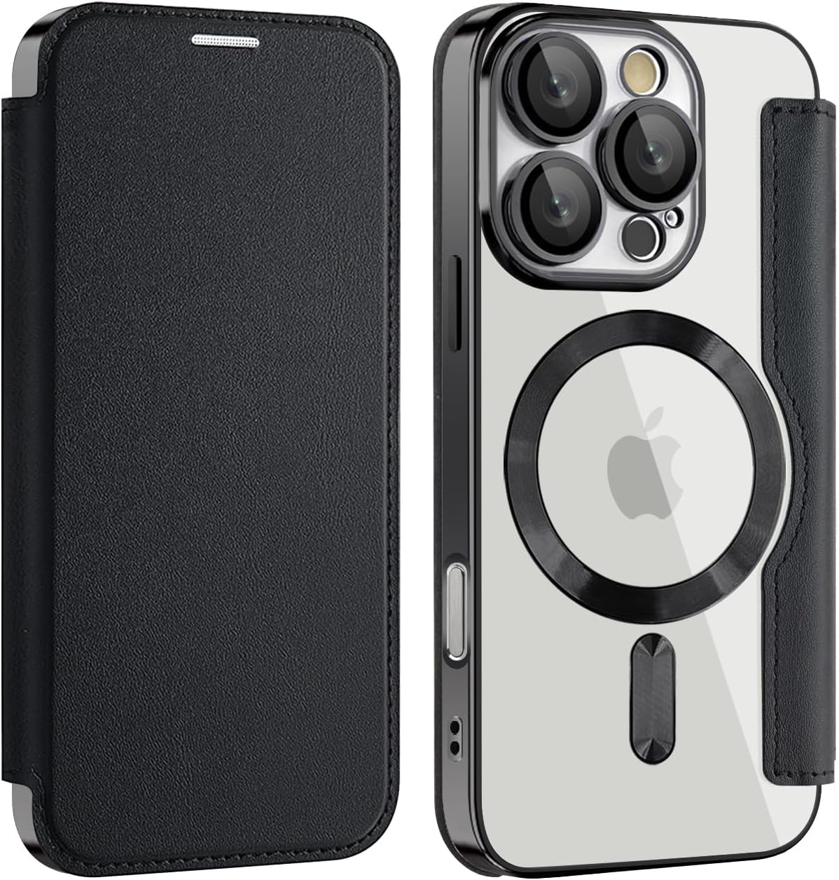 Magnetic Flip Case with RFID Card Slot, MagSafe Leather Wallet Cover with Camera Lens Protection, Shockproof TPU Luxe Case - Black
