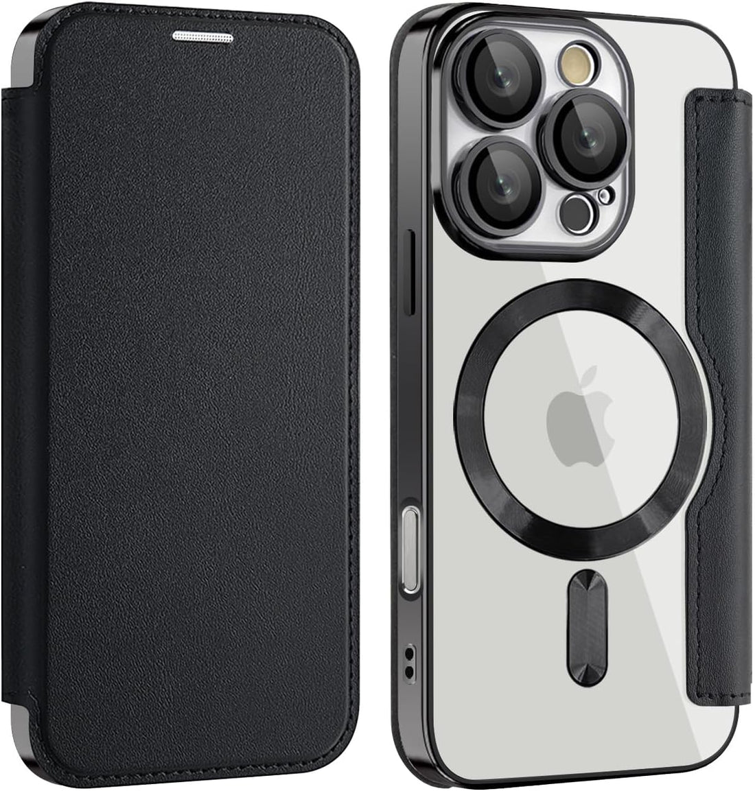 Magnetic Flip Case with RFID Card Slot, MagSafe Leather Wallet Cover with Camera Lens Protection, Shockproof TPU Luxe Case - Black