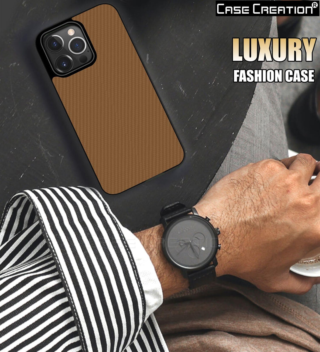 Carbon Fibre Texture Hard Leather Case Military Grade Drop Protection Rugged Armour Back Case - Brown