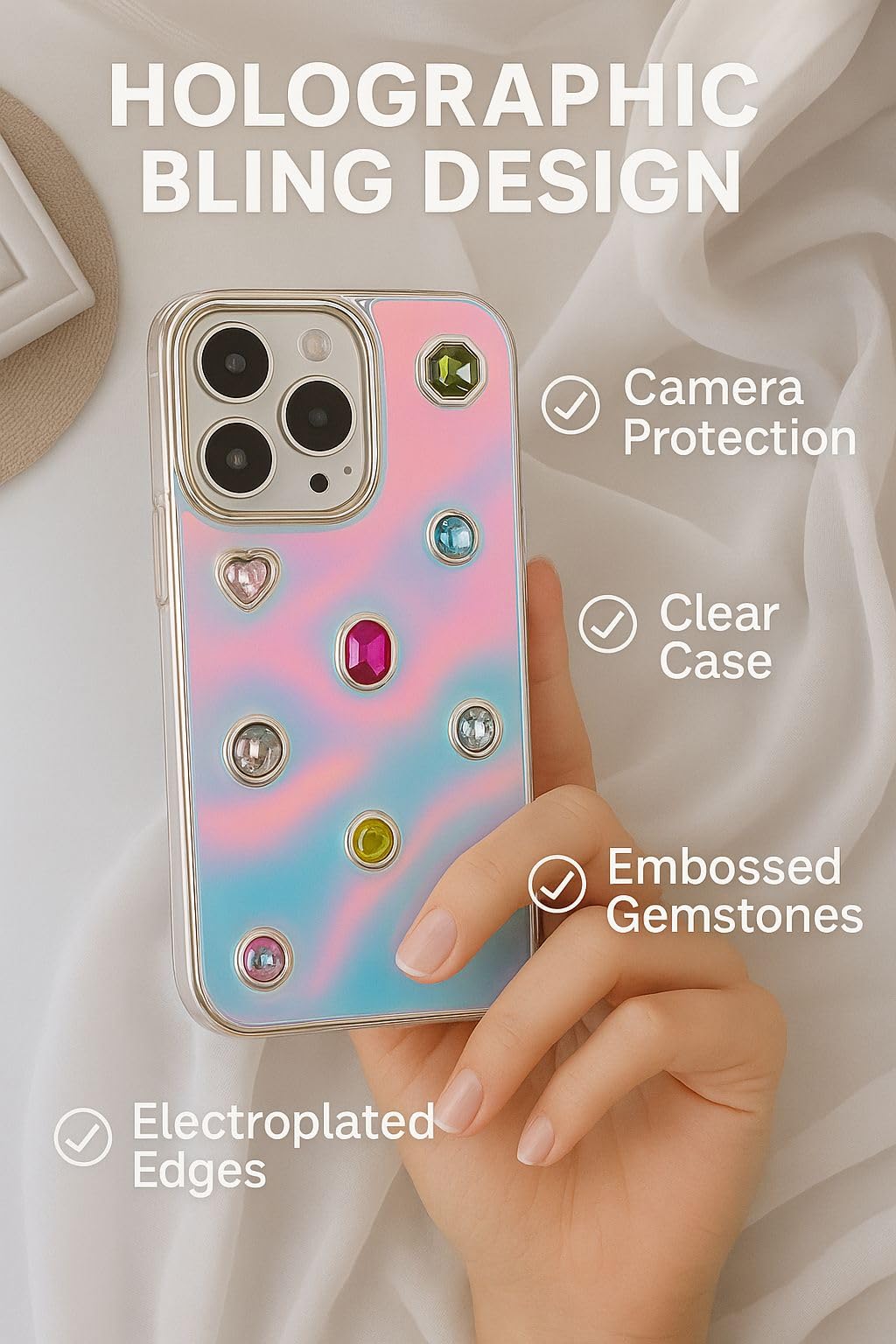 Iridescent Holographic Color Changing 3D Heart stones embossed Diamond Look Reflective Aesthetic case (Green)