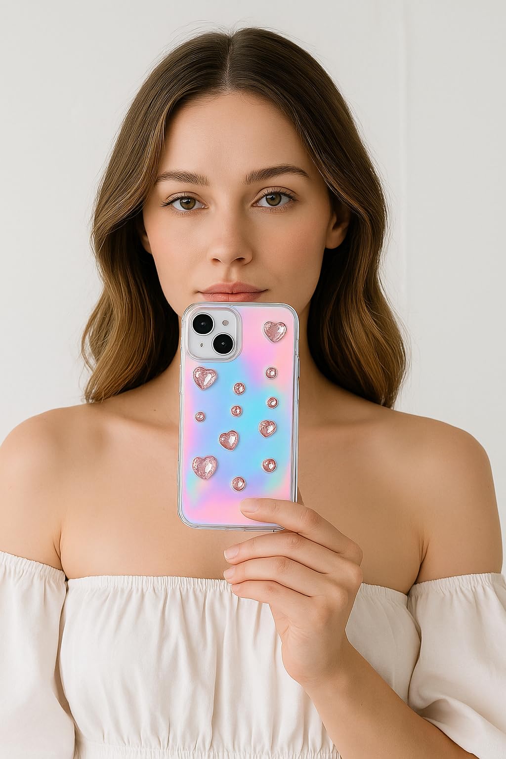 Iridescent Holographic Color Changing 3D Heart stones embossed Diamond Look Reflective Aesthetic case (Clear Pink)