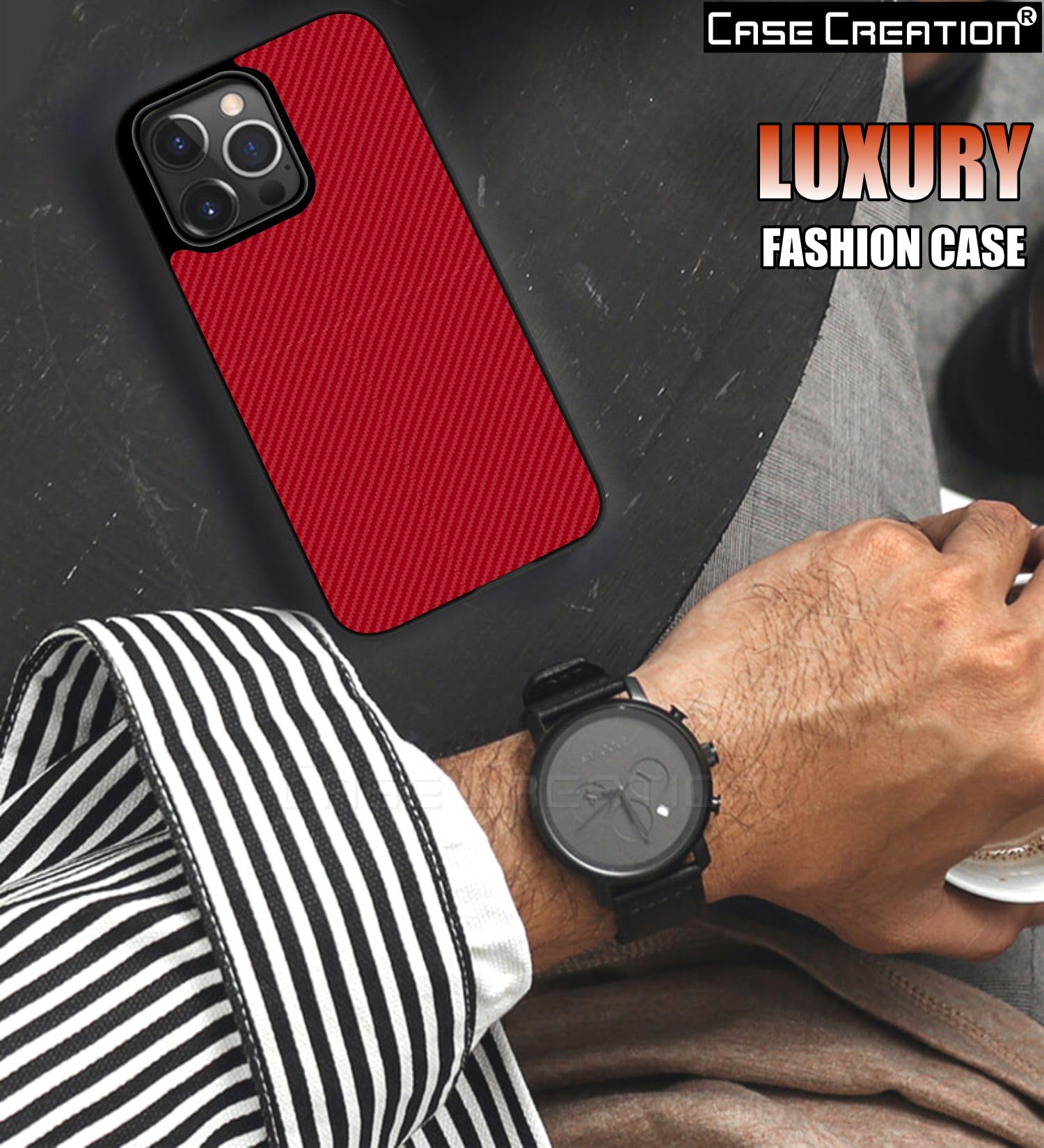 Carbon Fibre Texture Hard Leather Case Military Grade Drop Protection Rugged Armour Back Case - Red