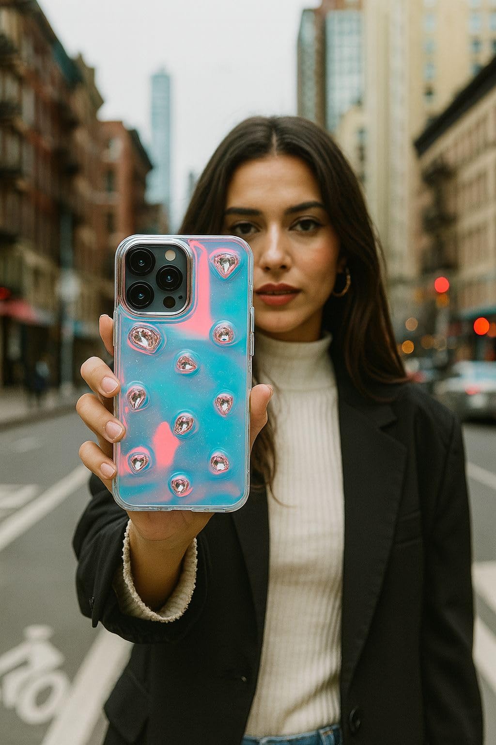 Iridescent Holographic Color Changing 3D Heart stones embossed Diamond Look Reflective Aesthetic case (Clear White)