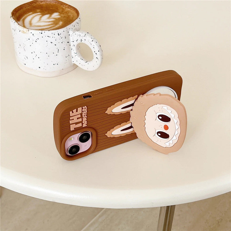 3D The Monster Labubu Mirror Cartoon Phone Holder Stand Makeup Brown Case