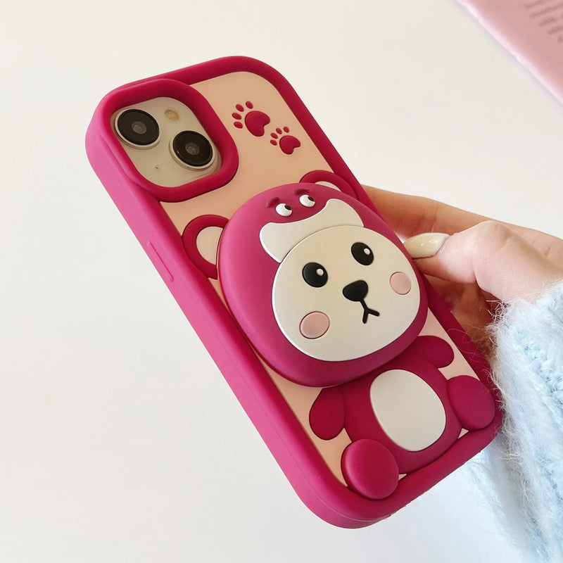 3D Strawberry Teddy Bear Makeup Mirror Cartoon Stand Case