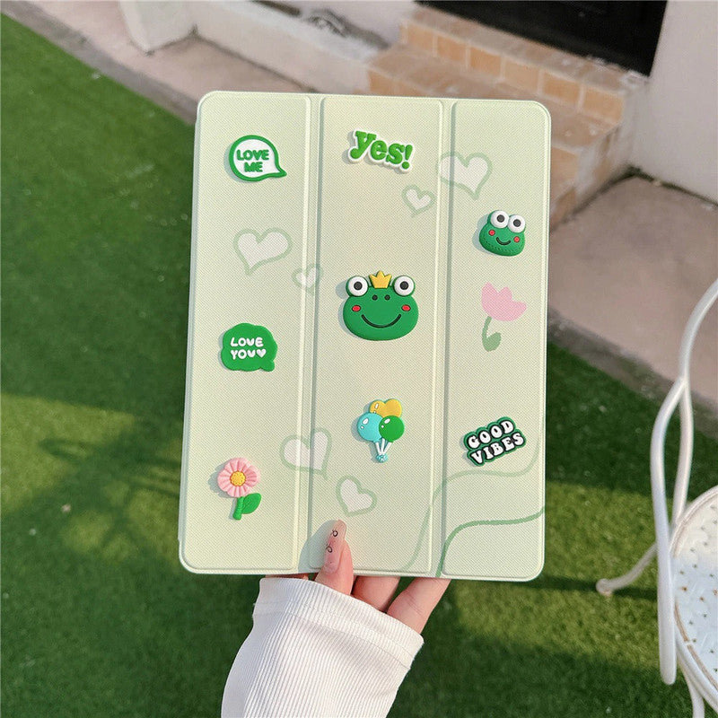 3D Cute Cartoon Frog Crown Charm PU Leather Tablet iPad Flip Case,Balloons Vibe Colorful Floral Wallet Stand with Pencil Holder Cover