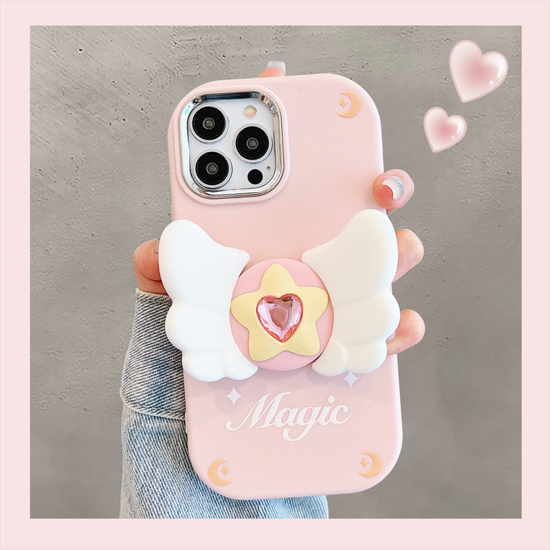 3D Cute Magical Fairy Angel Wings Folding fly Cartoon Magic Stars Heart Shaped Diamond Phone Stand Holder Case