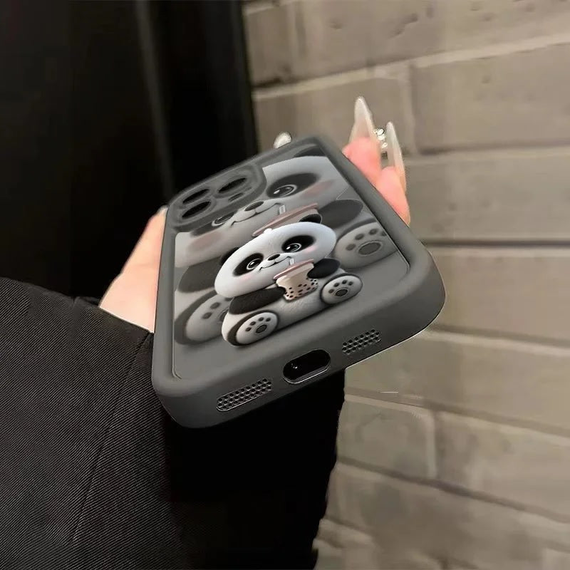 Black Panda Pattern Hot 3D Teddy Bear Boba Tea Cute Design Drinking Coffee Print Cover