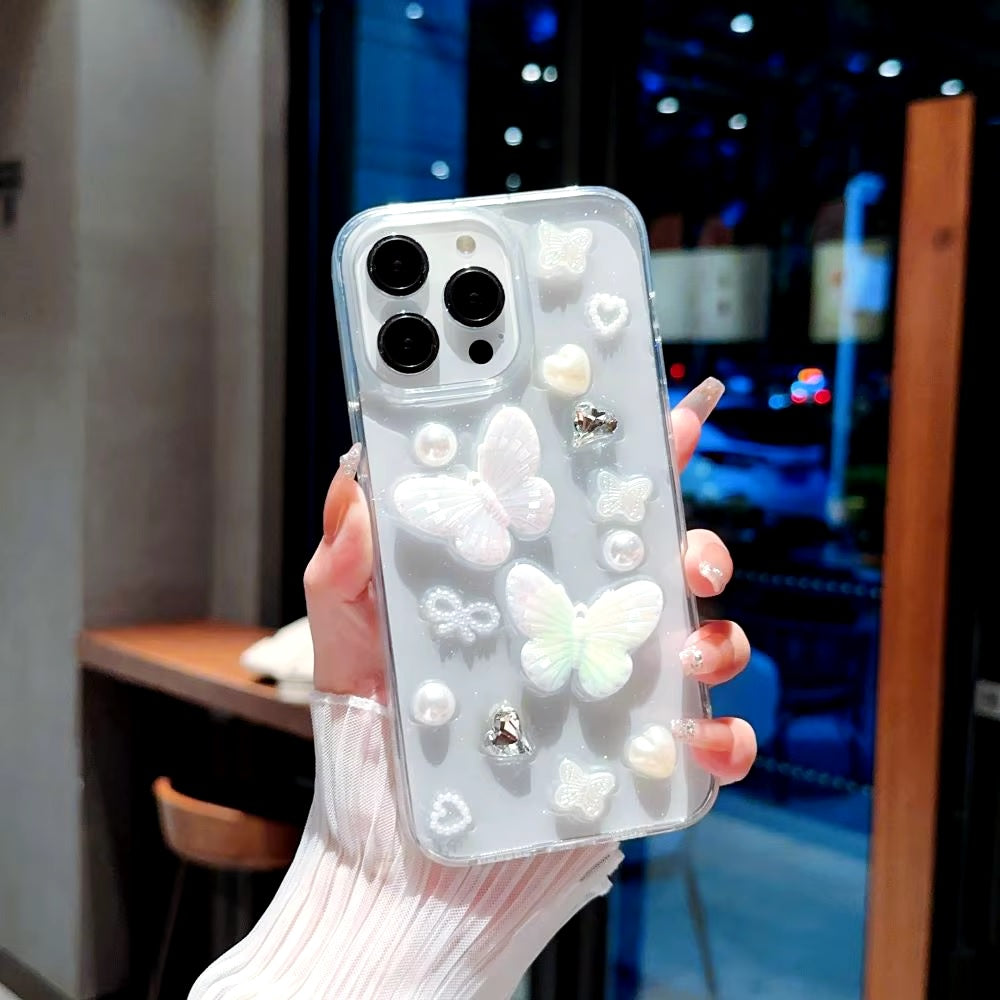 Luxury Translucent Butterfly Diamond Pearl Heart Resin Phone Case