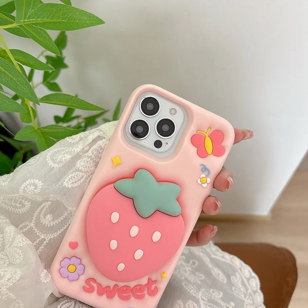 3D Strawberry Sweet Cartoon Kawaii Adorable Cute Lovely Butterfly Pink Pop Case with Holder