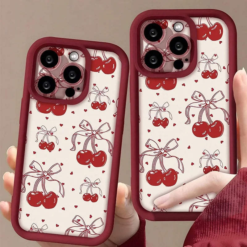 3D Ribbon Hot Red Cherry Pattern Bow Cute Design Fashion Aesthetic Case