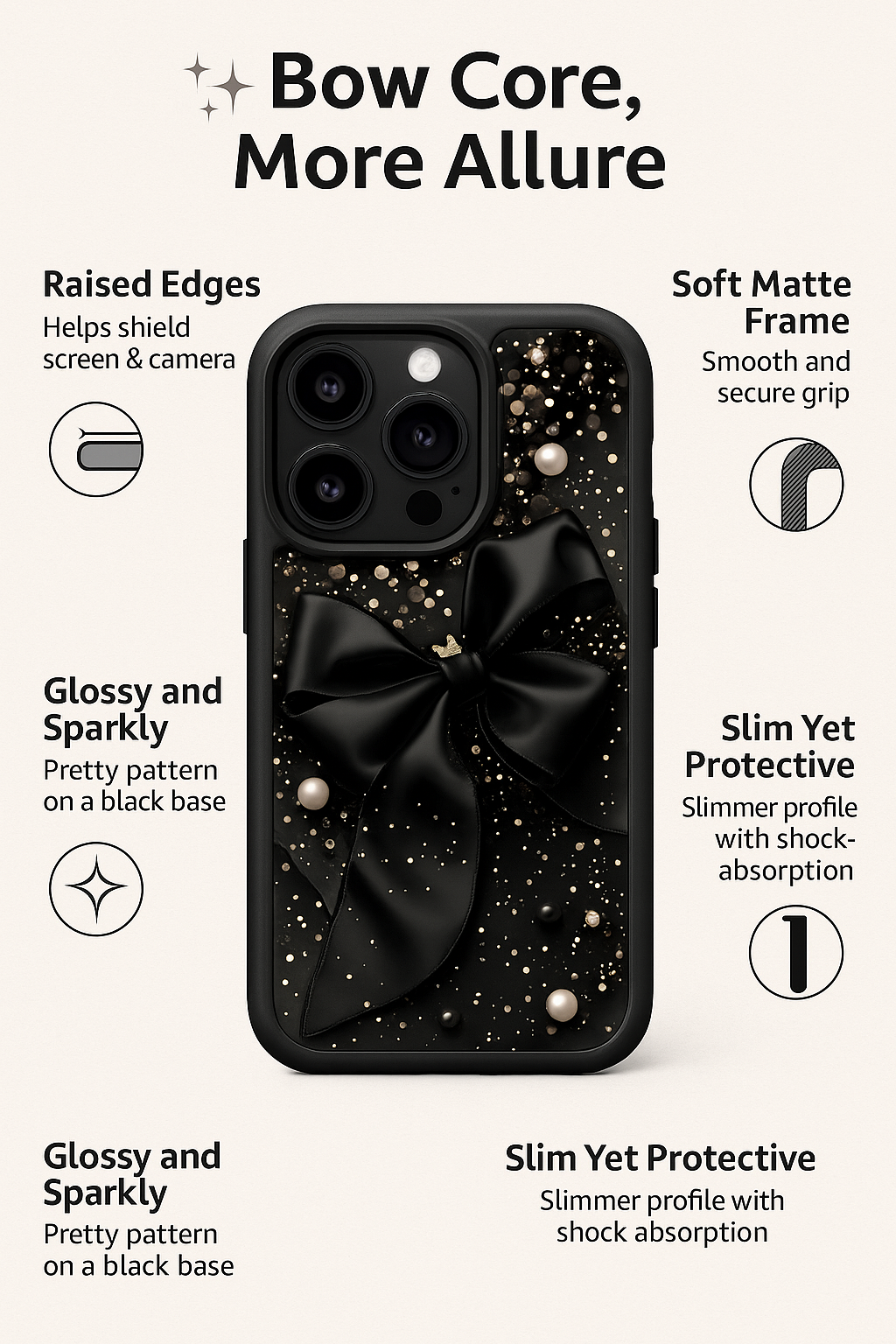 3D Hot Black Bow Glitter Minimalist Pearl Ribbon Cute Design Silicone Aesthetic Print Case