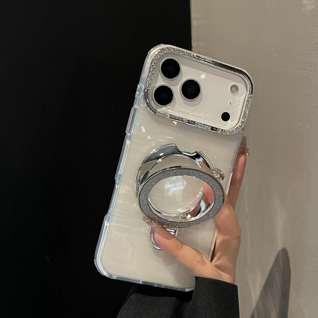Glitter Marble Back Case Rhinestone Camera Holographic Kickstand Phone Cover With Crystal Ring Holder Stand - Holo White
