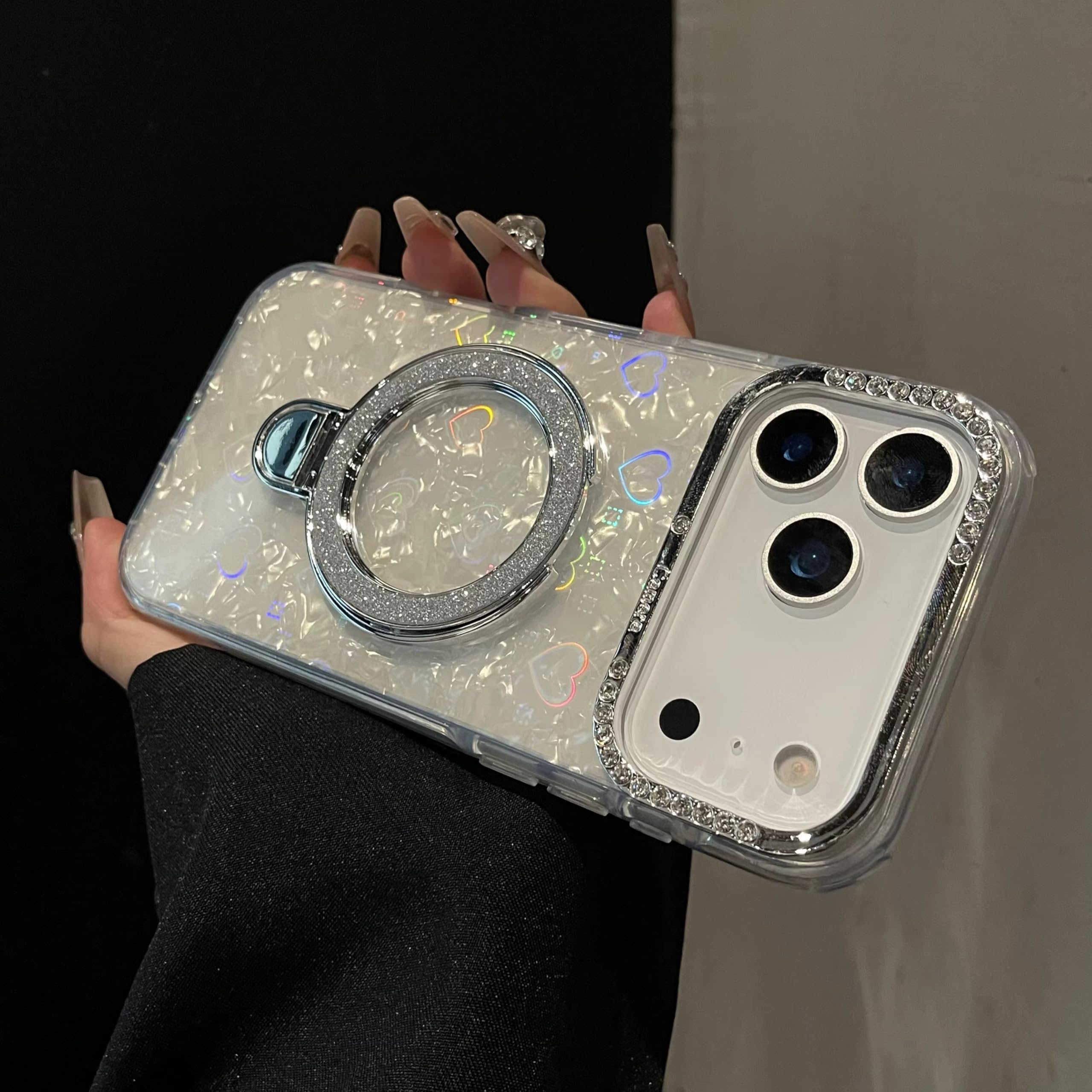 Glitter Marble Back Case Rhinestone Camera Holographic Kickstand Phone Cover With Crystal Ring Holder Stand -Marble White