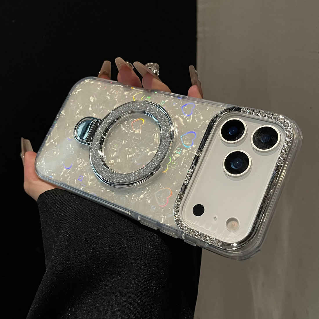 Glitter Marble Back Case Rhinestone Camera Holographic Kickstand Phone Cover With Crystal Ring Holder Stand -Marble White