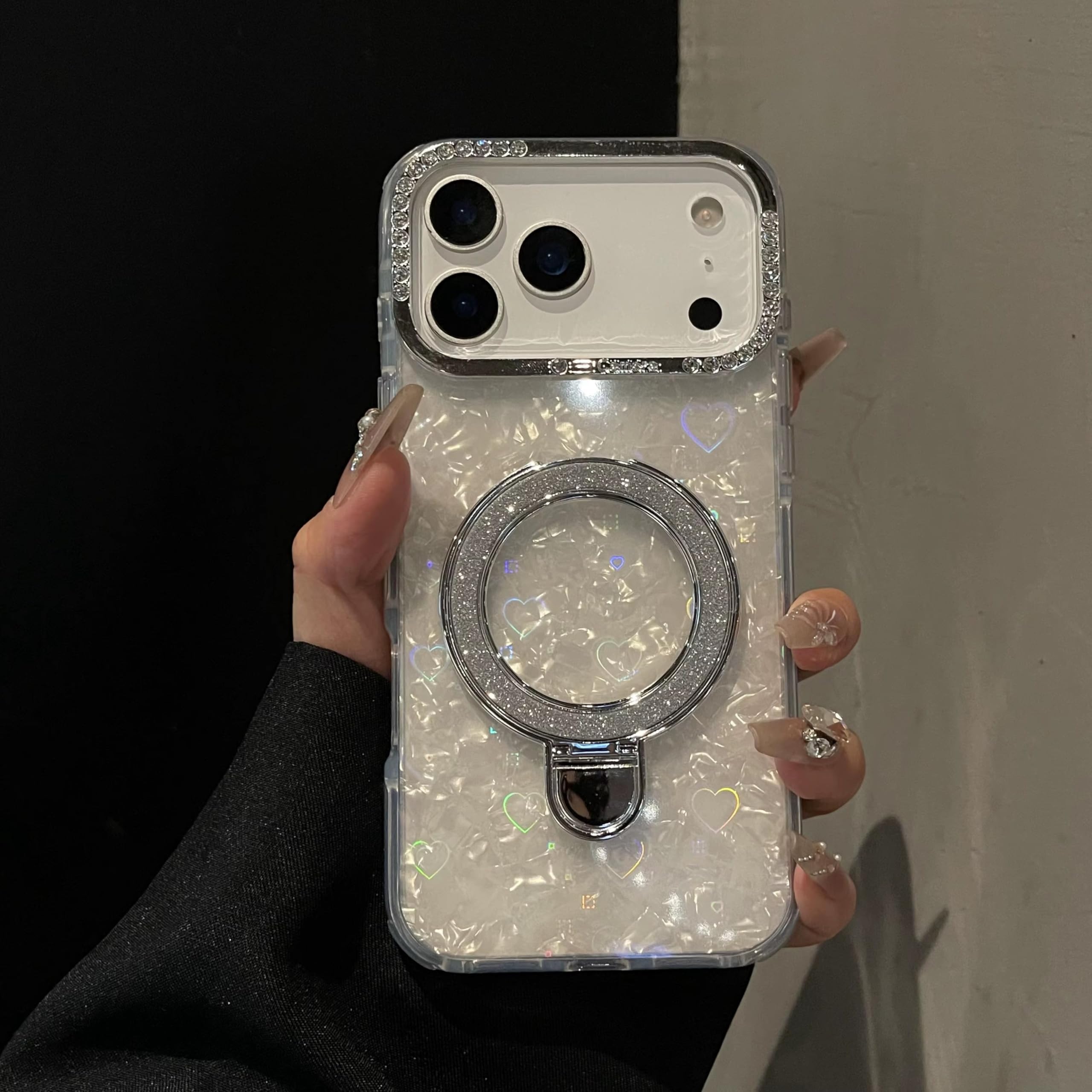 Glitter Marble Back Case Rhinestone Camera Holographic Kickstand Phone Cover With Crystal Ring Holder Stand -Marble White