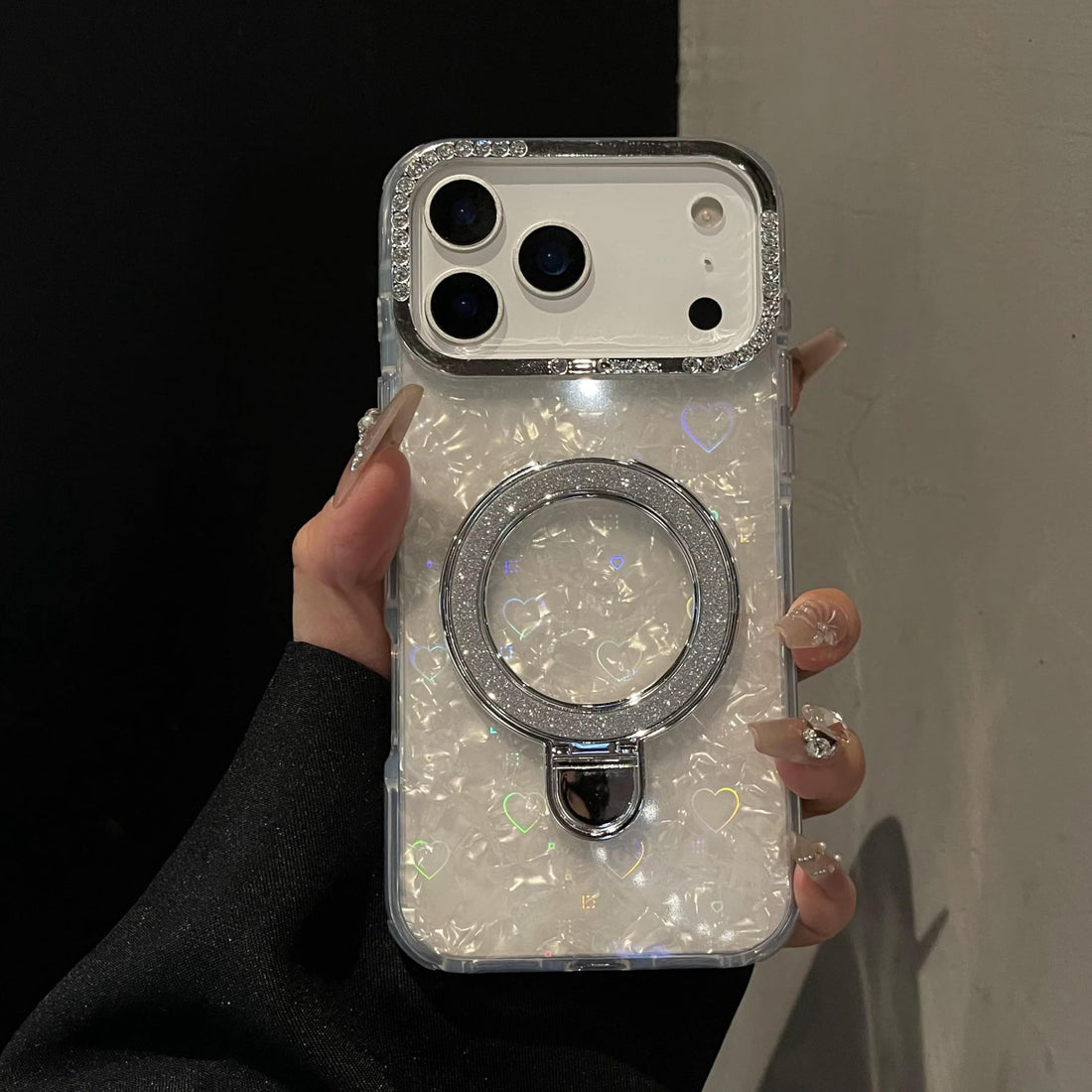Glitter Marble Back Case Rhinestone Camera Holographic Kickstand Phone Cover With Crystal Ring Holder Stand -Marble White