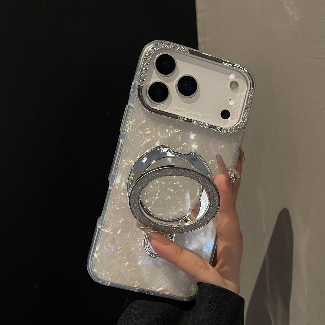 Glitter Marble Back Case Rhinestone Camera Holographic Kickstand Phone Cover With Crystal Ring Holder Stand -Marble White