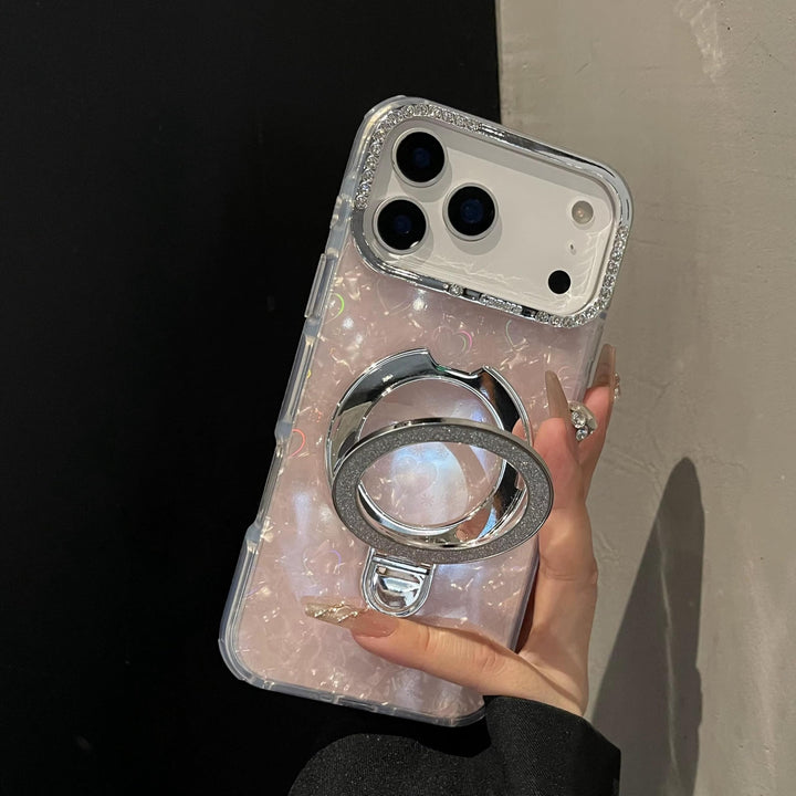 Glitter Marble Back Case Rhinestone Camera Holographic Kickstand Phone Cover With Crystal Ring Holder Stand - Rose Pink