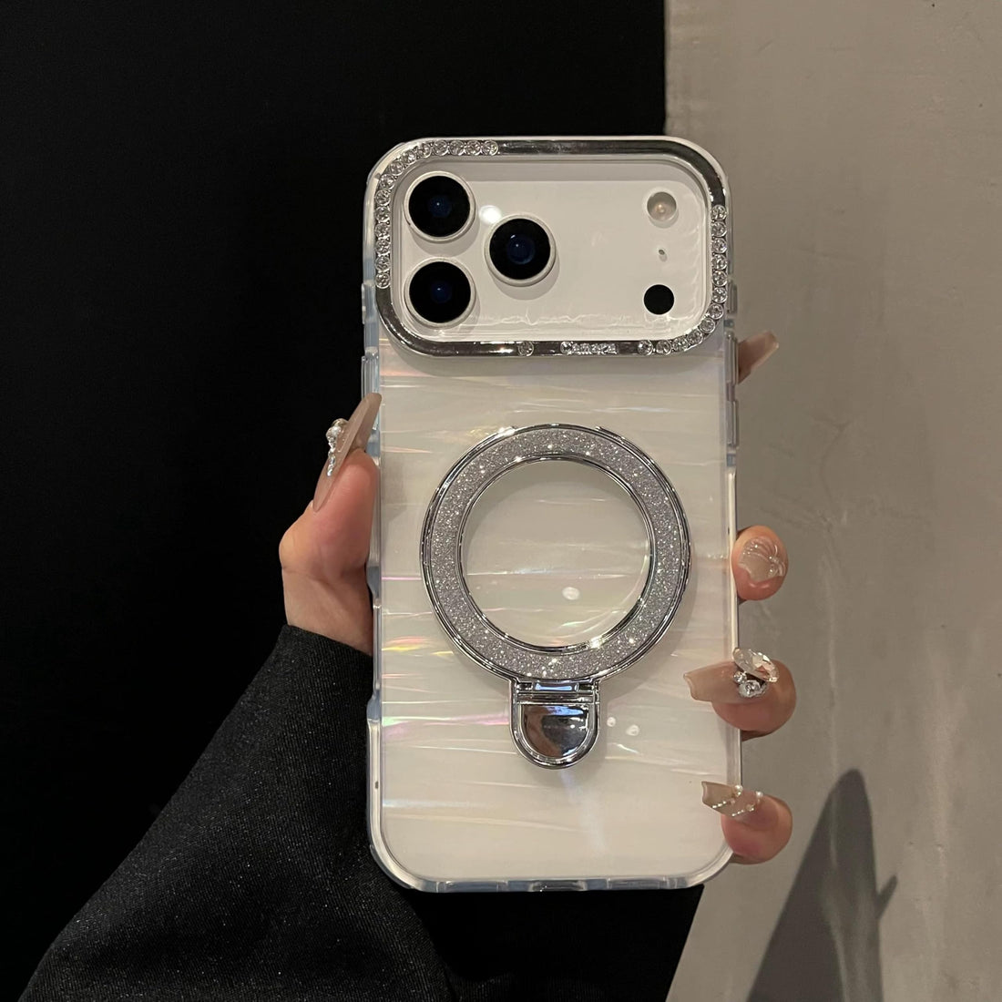 Glitter Marble Back Case Rhinestone Camera Holographic Kickstand Phone Cover With Crystal Ring Holder Stand - Holo White