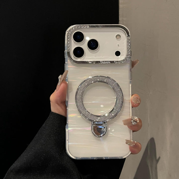 Glitter Marble Back Case Rhinestone Camera Holographic Kickstand Phone Cover With Crystal Ring Holder Stand - Holo White