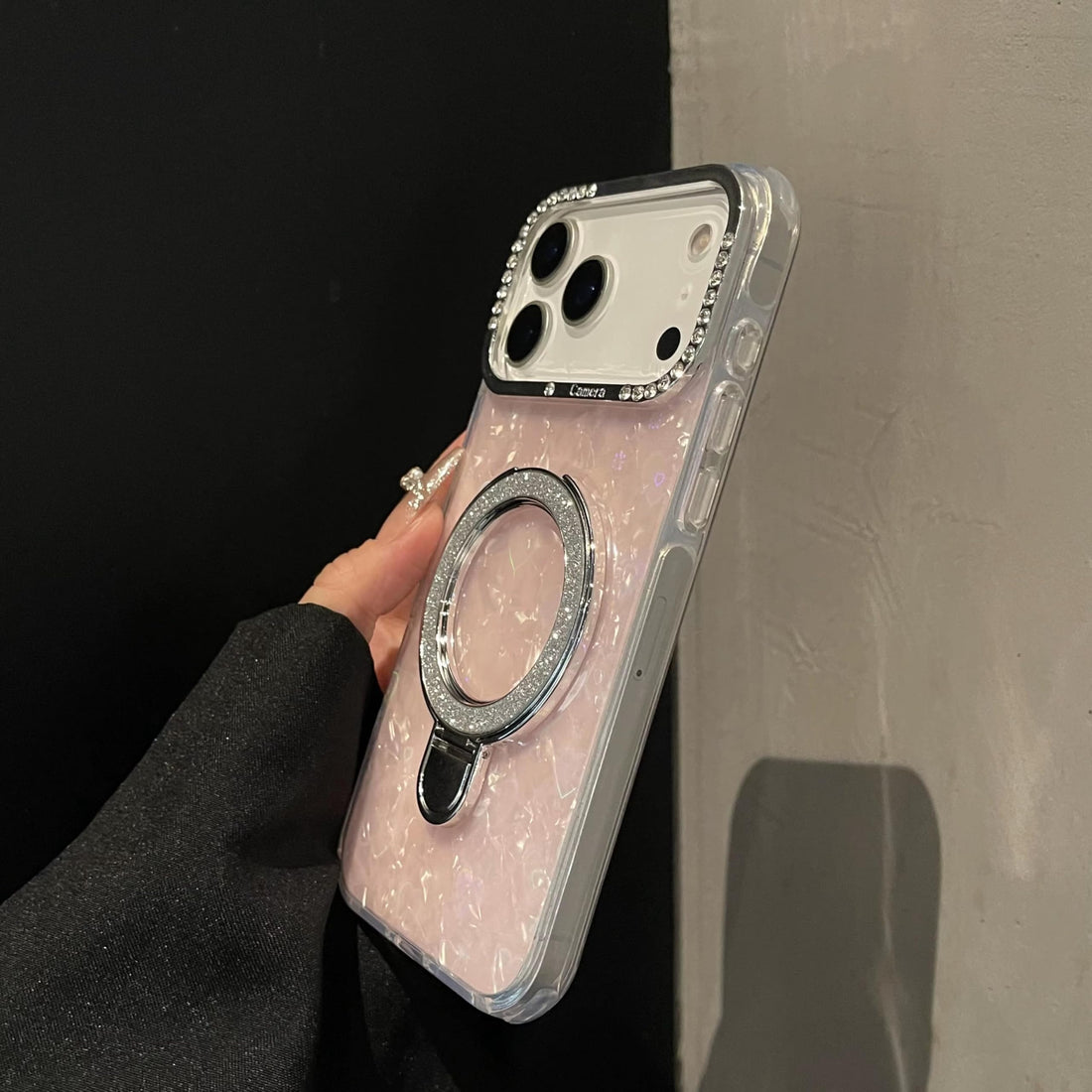 Glitter Marble Back Case Rhinestone Camera Holographic Kickstand Phone Cover With Crystal Ring Holder Stand - Rose Pink