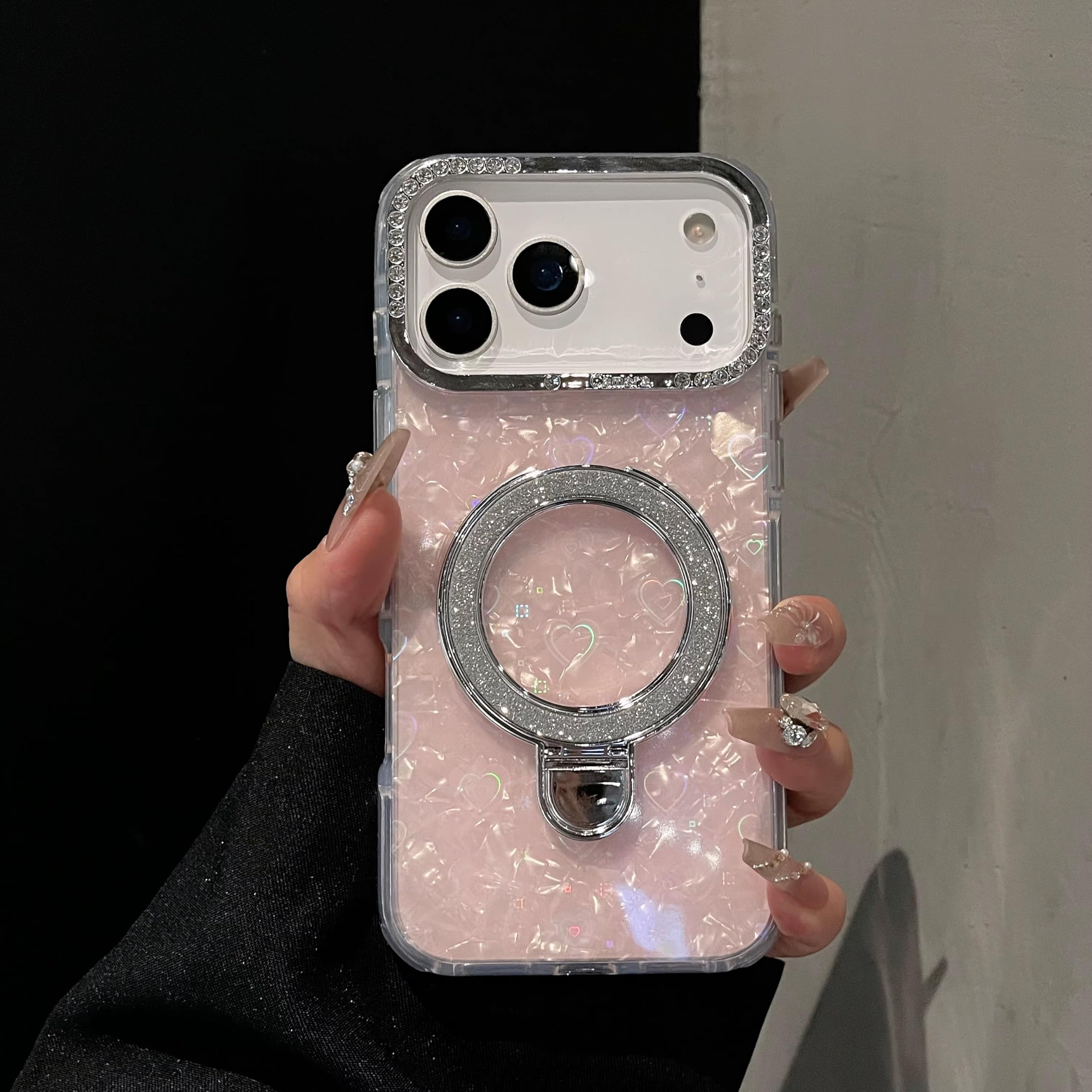 Glitter Marble Back Case Rhinestone Camera Holographic Kickstand Phone Cover With Crystal Ring Holder Stand - Rose Pink