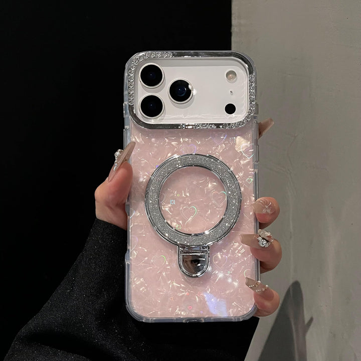 Glitter Marble Back Case Rhinestone Camera Holographic Kickstand Phone Cover With Crystal Ring Holder Stand - Rose Pink