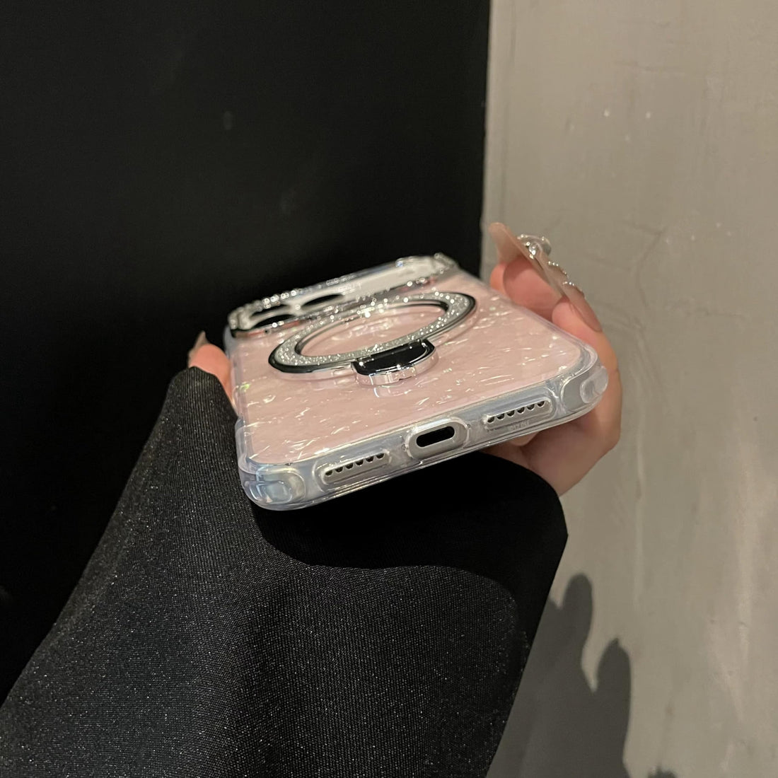 Glitter Marble Back Case Rhinestone Camera Holographic Kickstand Phone Cover With Crystal Ring Holder Stand - Rose Pink