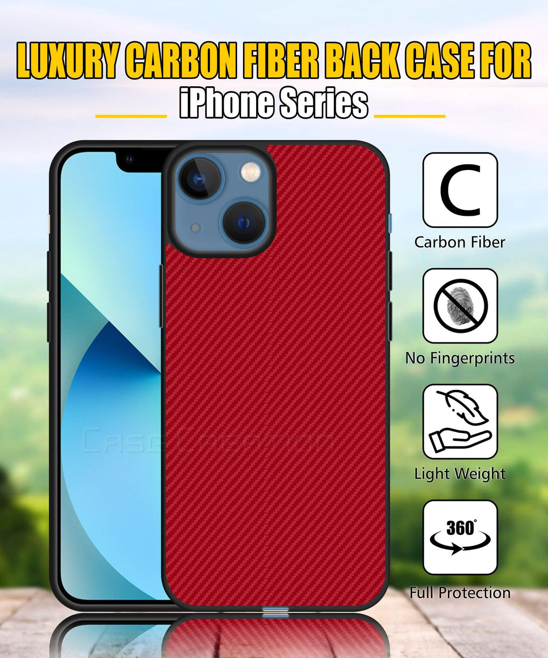 Carbon Fibre Texture Hard Leather Case Military Grade Drop Protection Rugged Armour Back Case - Red