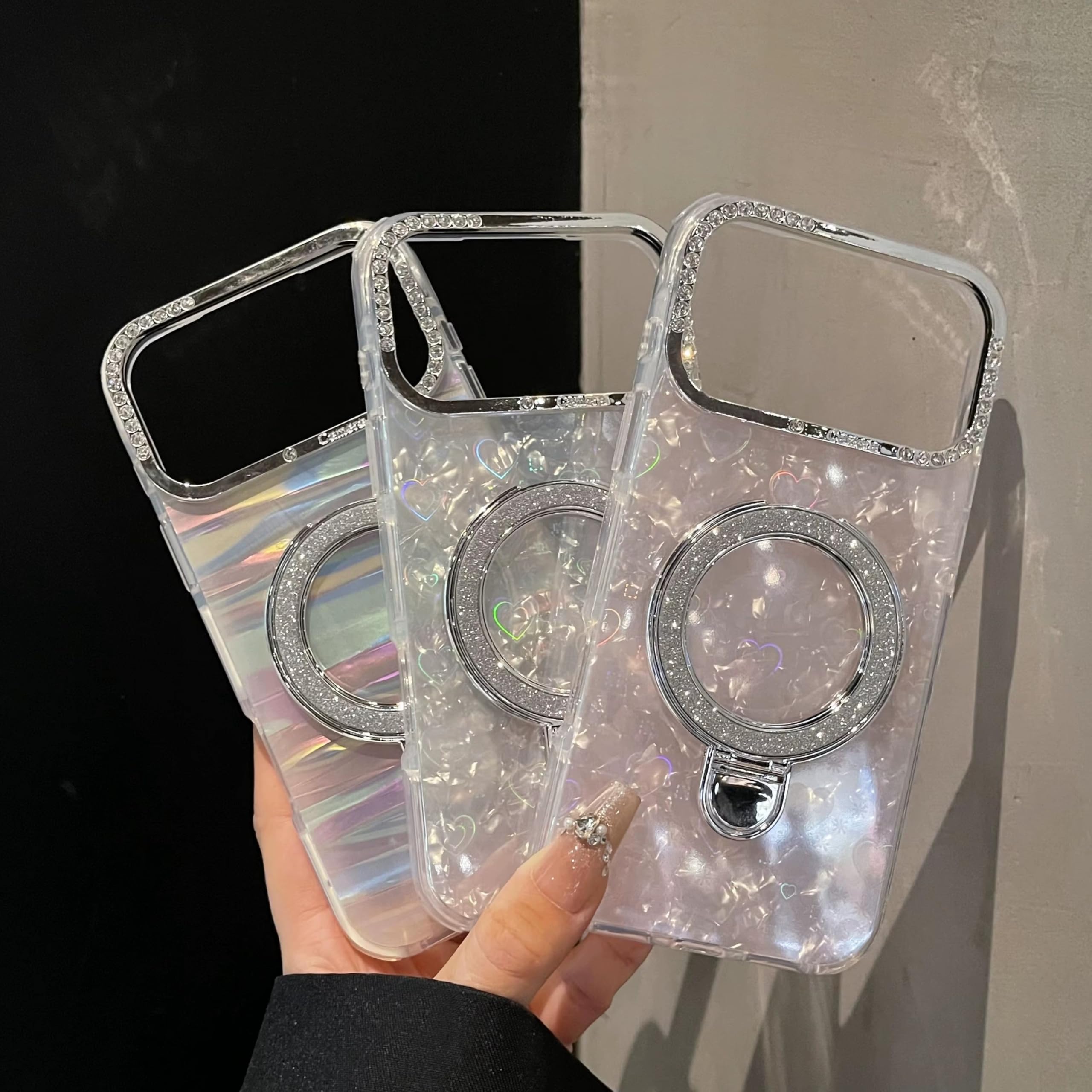 Glitter Marble Back Case Rhinestone Camera Holographic Kickstand Phone Cover With Crystal Ring Holder Stand -Marble White